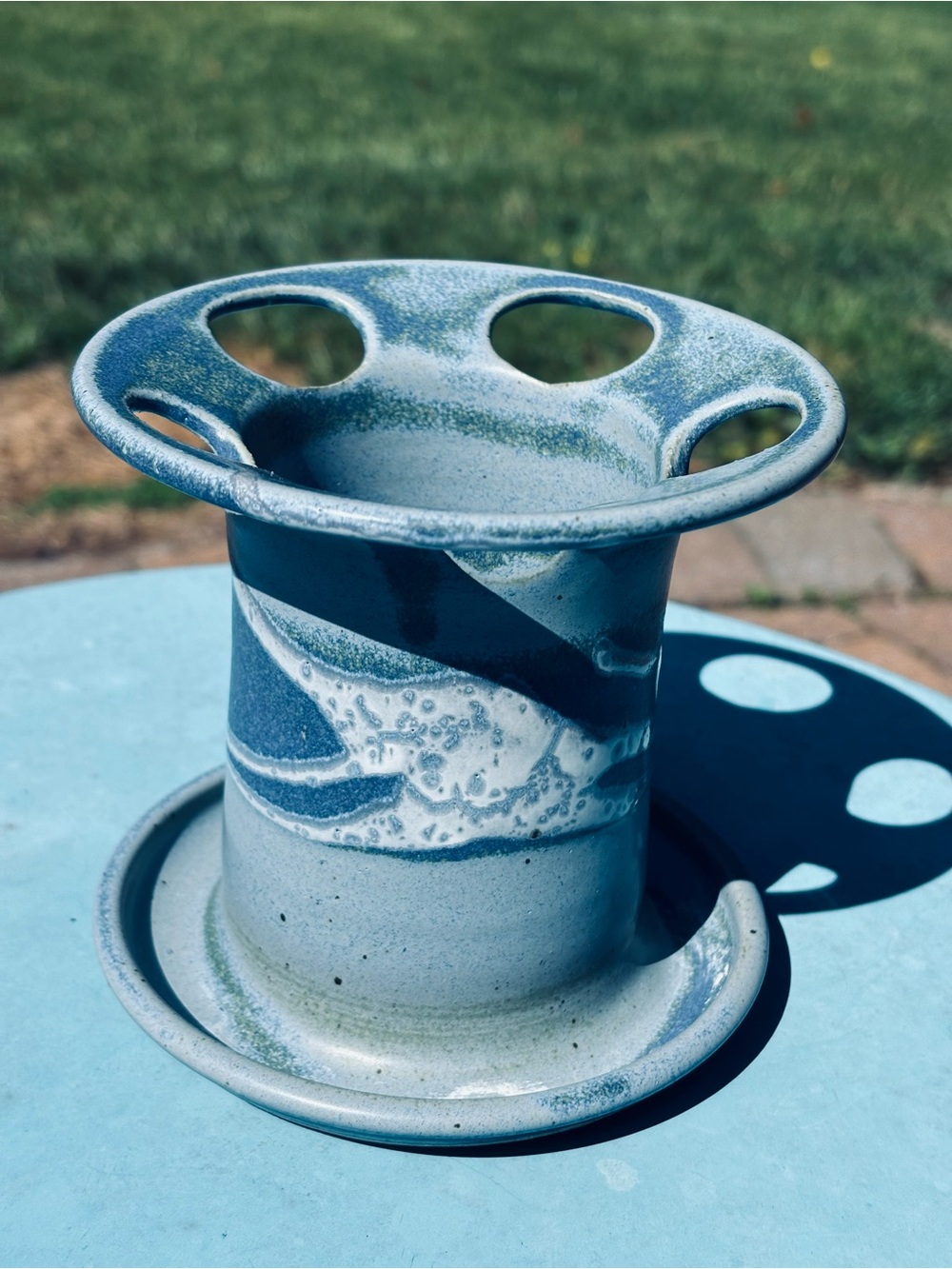 VTG Handmade Studio Pottery Blue Toothbrush Holder With Glazed Sea Pattern